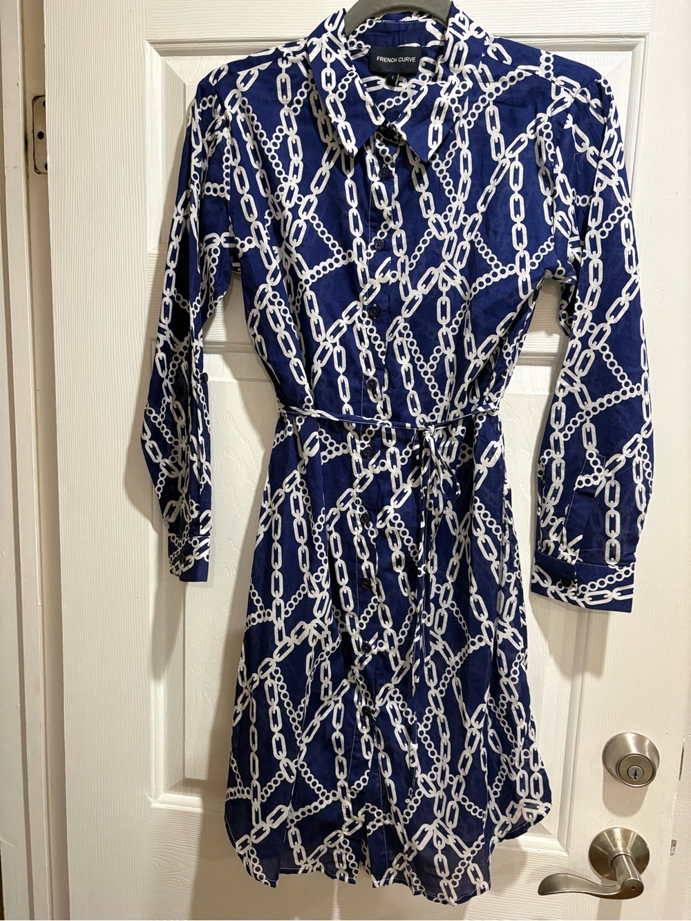 French Curve Navy Chain-Print Long-Sleeve Shirt Dress-Sheer- could also be swim